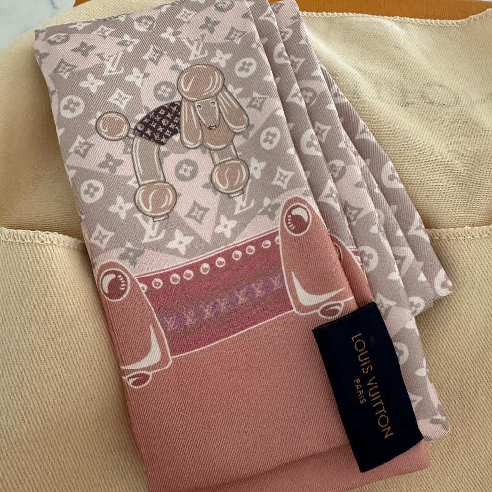 Louis Vuitton Silk Pink and Gray Poodle Scarf
